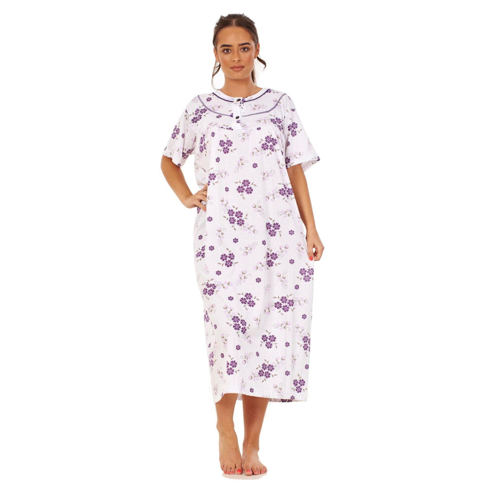 (Lilac, M) Malay Women Long Nightdress 100% Cotton Floral Button Short Sleeve Nightwear M to 3XL