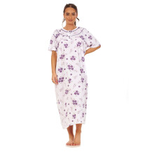 (Lilac, 3XL) Malay Women Long Nightdress 100% Cotton Floral Button Short Sleeve Nightwear M to 3XL