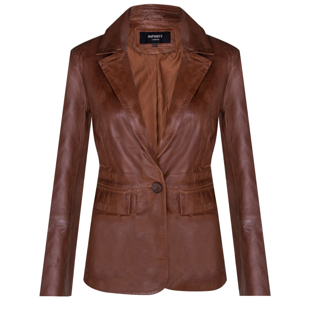 Infinity Leather Women's Brown (3Xl) Tan Real Leather Blazer One Button Classic