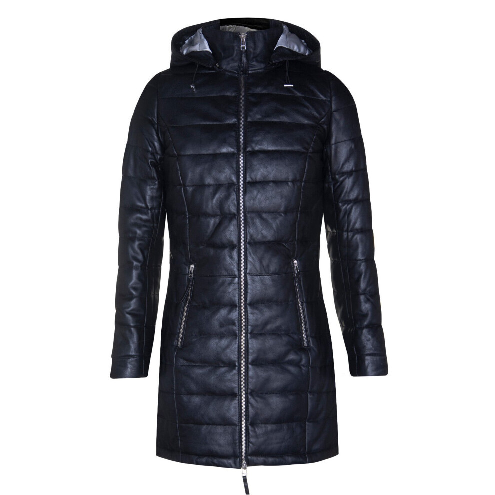 (S) Women's Black Leather Puffer Quilted Hooded Coat