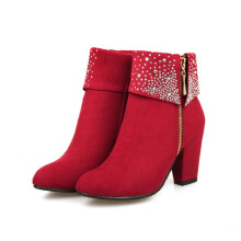 (Red, 39) Womens Fashion Autumn Winter Rhinestone Chunky Zipper Leather Boots Boots