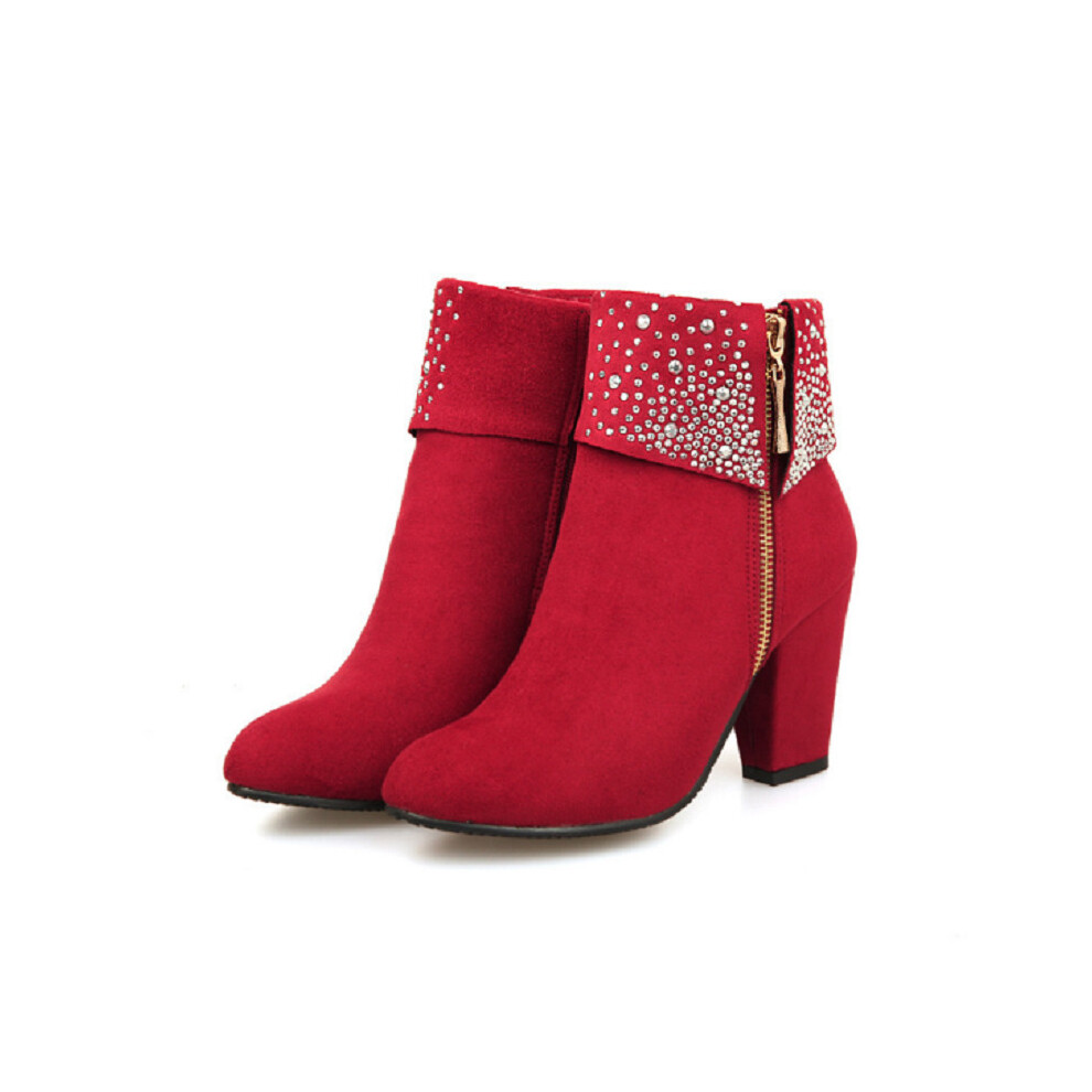 (Red, 39) Womens Fashion Autumn Winter Rhinestone Chunky Zipper Leather Boots  Boots