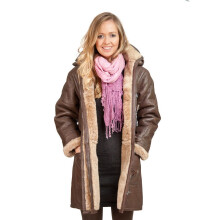 (3XL) Women's Brown Long Hooded Sheepskin Duffle Coat