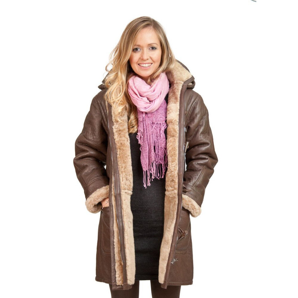 Infinity Leather (3Xl) Women's Long Hooded Sheepskin Duffle Coat Brown