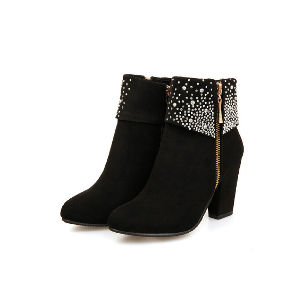 (Black, 40) Womens Fashion Autumn Winter Rhinestone Chunky Zipper Leather Boots  Boots