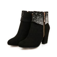 (Black, 41) Womens Fashion Autumn Winter Rhinestone Chunky Zipper Leather Boots Boots