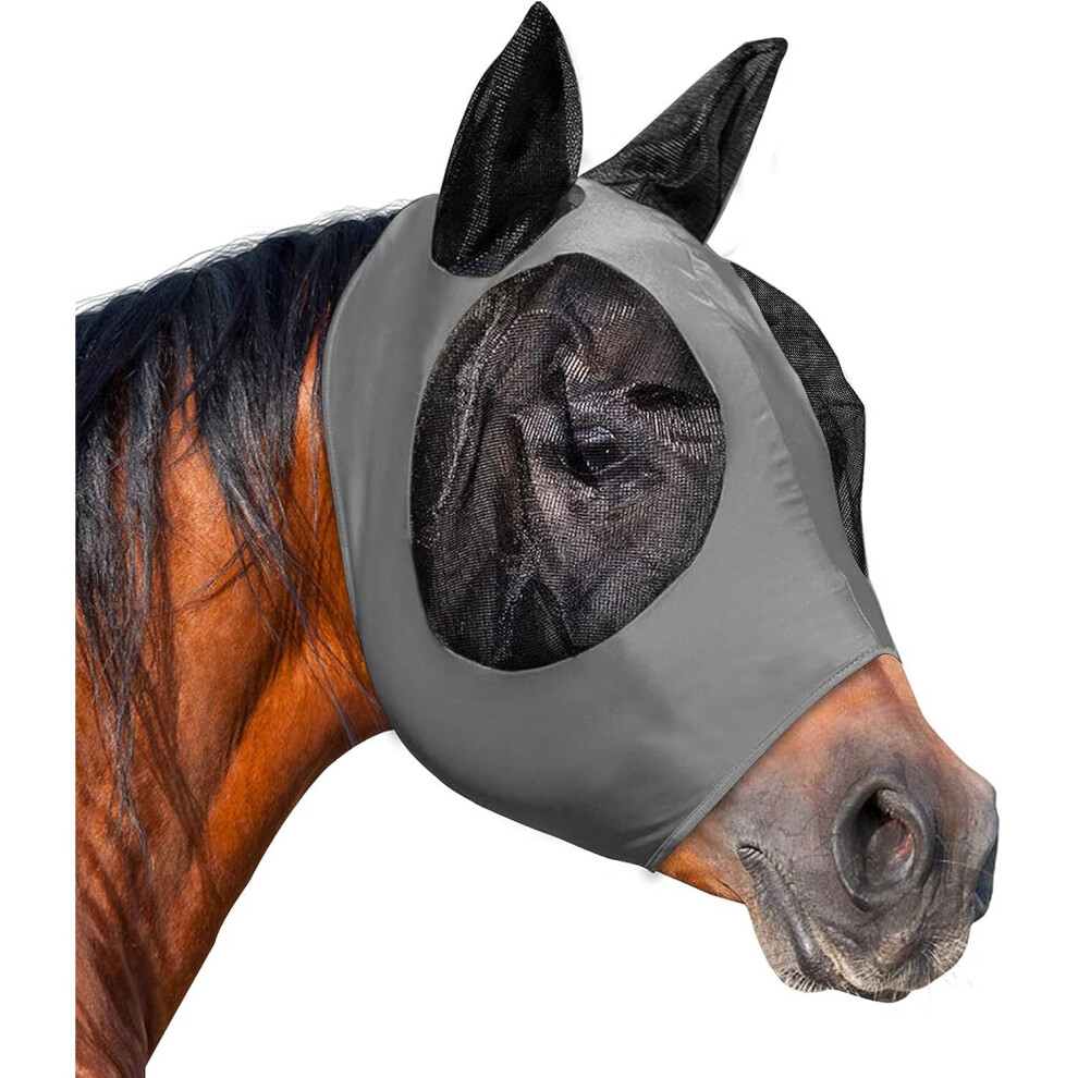 Horse Fly Mask, Fly Masks for Horses with Ears, Smooth & Elasticity Lycra Fly Mask, Avoid Equine Fly and UV Protection(Grey, Full (Large))