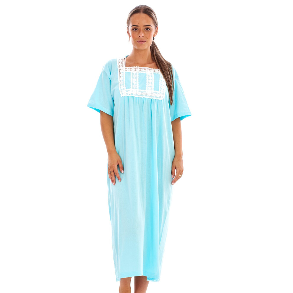 (Green, 3XL) Malay Plain Cotton Long Nightdress Short Sleeve Lace Nightgowns Soft Sleepwear