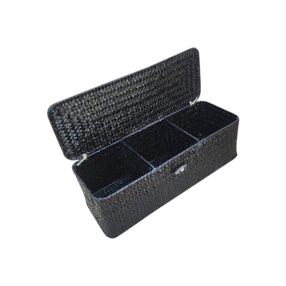 3 Compartment Storage Box Wicker Rattan Basket with Cover Sundries Holder Case Container Desktop Organizer