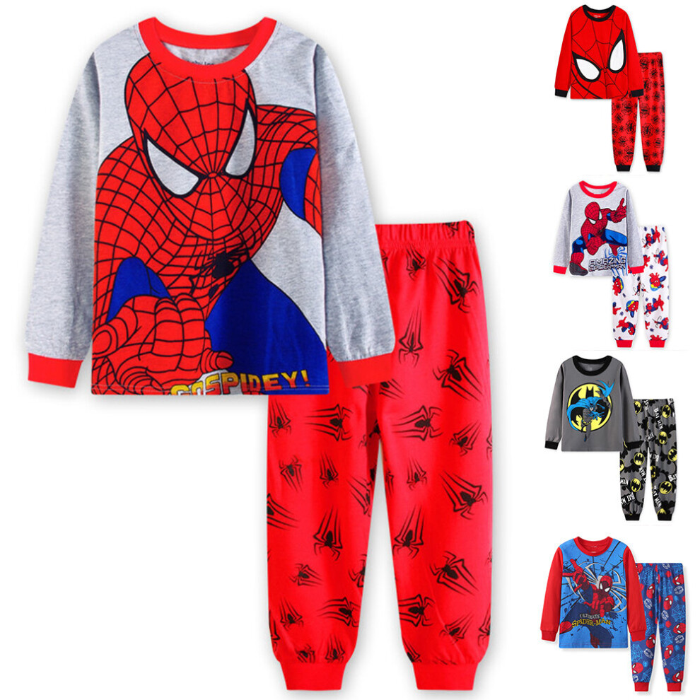 (A, 4-5Years) Spider-Man Kids Casual Pyjamas Outfits Nightwear Long Sleeve T-Shirt Tops Pants Trousers Set Sleepwear