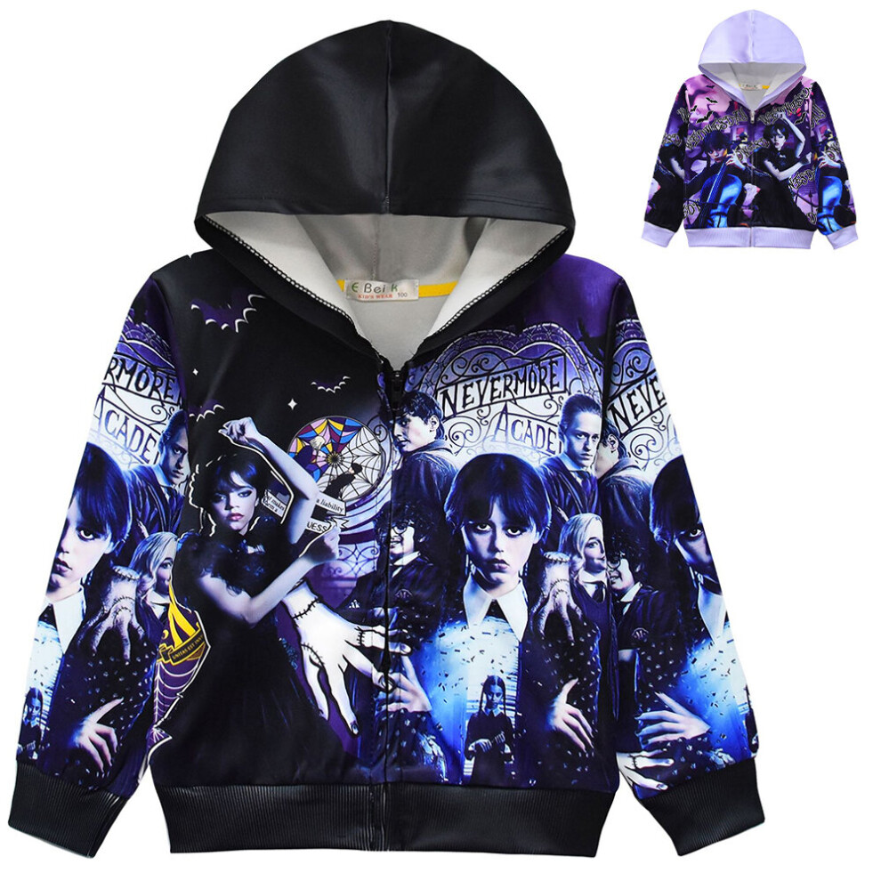 (Black, 6-7Years) Kids Girls Wednesday The Addams Family Zip Hooded Jacket Hoodie Sweatshirt Long Sleeve Coat Winter Outerwear
