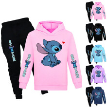 (Pink, 9-10Years) Lilo & Stitch Print Kids Tracksuit Set Casual Hooded Sweatshirt + Pants Outfits Casual Loungewear