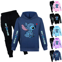 (Navy Blue, 11-12Years) Lilo & Stitch Print Kids Tracksuit Set Casual Hooded Sweatshirt + Pants Outfits Casual Loungewear