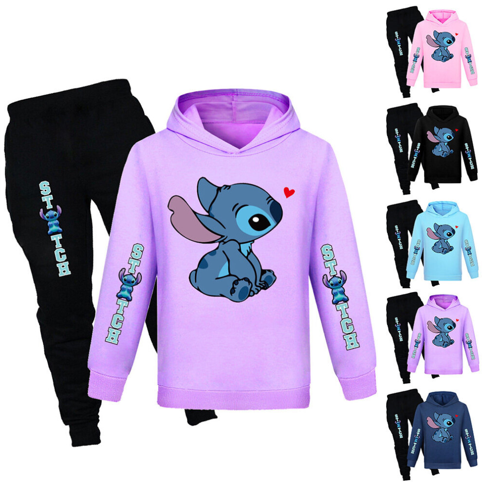 (Purple, 9-10Years) Lilo & Stitch Print Kids Tracksuit Set Casual Hooded Sweatshirt + Pants Outfits Casual Loungewear