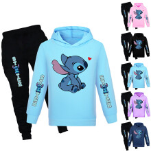 (Light Blue, 11-12Years) Lilo & Stitch Print Kids Tracksuit Set Casual Hooded Sweatshirt + Pants Outfits Casual Loungewear