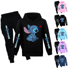 (Black, 9-10Years) Lilo & Stitch Print Kids Tracksuit Set Casual Hooded Sweatshirt + Pants Outfits Casual Loungewear