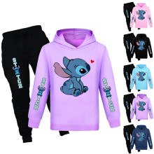 (Purple, 7-8Years) Lilo & Stitch Print Kids Tracksuit Set Casual Hooded Sweatshirt + Pants Outfits Casual Loungewear