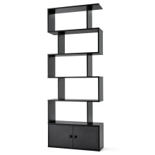 S-Shaped 5-tier Bookcase with Double Doors Cabinet & Open Display Rack