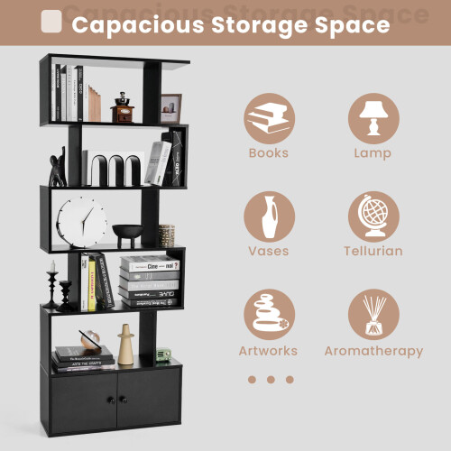 Costway S-Shaped 5-tier Bookcase with Double Doors Cabinet & Open Display Rack 2