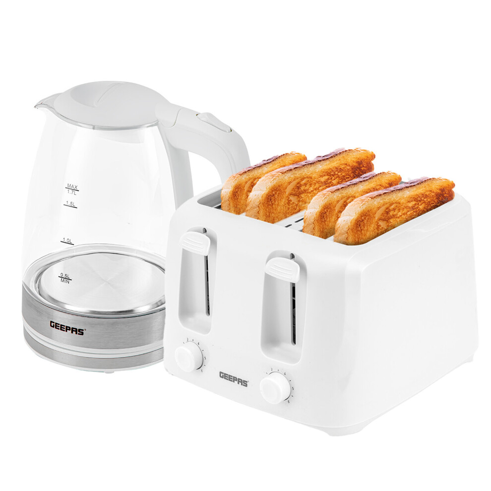 Geepas 4 Slice Bread Toaster & Illuminating Electric Glass Kettle Set