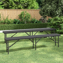 (Black) Set of 2 Rattan Plastic Outdoor Folding Benches