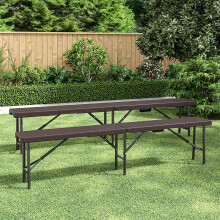 (Brown) Set of 2 Rattan Plastic Outdoor Folding Benches