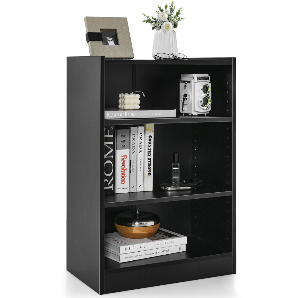 Modern 3-Tier Bookcase Black w/ Adjustable Open Shelves &Anti-toppling