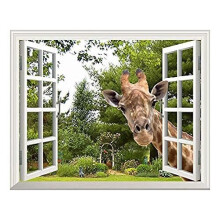 3D Window View Fake Window Full Colour Out of Window Animal False Faux Window Frame Window Mural Vinyl Bedroom Wall Decals Stickers-60x90cm