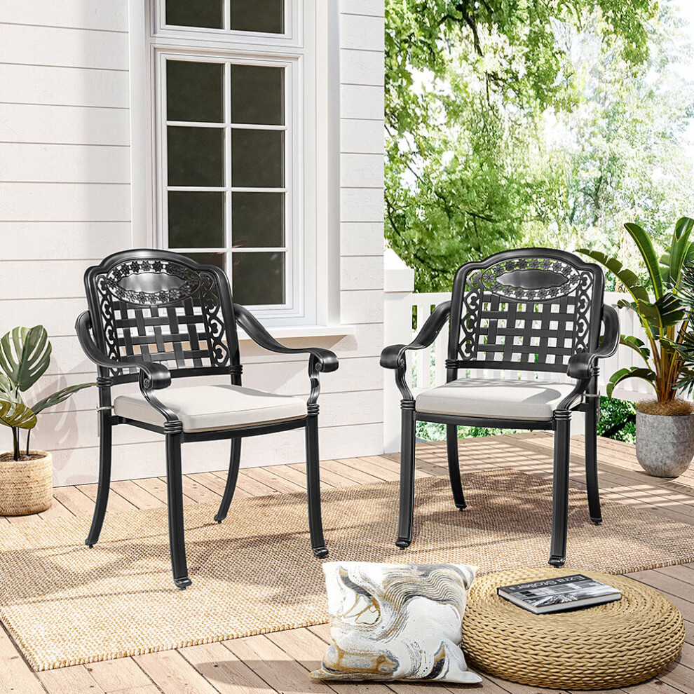Set of 2 Outdoor Dining Chairs with Cushions Cast Aluminum