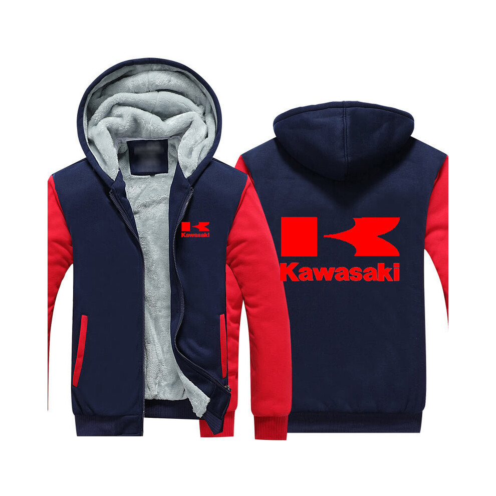 (Navy&Red, 5XL) Kawasaki Zipper Printed Motorcycle Jacket Hoodies Thicken Sweatshirt Coat Tops