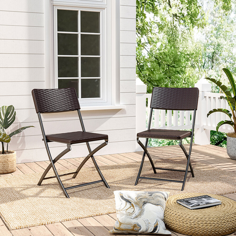 (Brown) Set of 2 Outdoor Rattan Plastic Folding Chairs