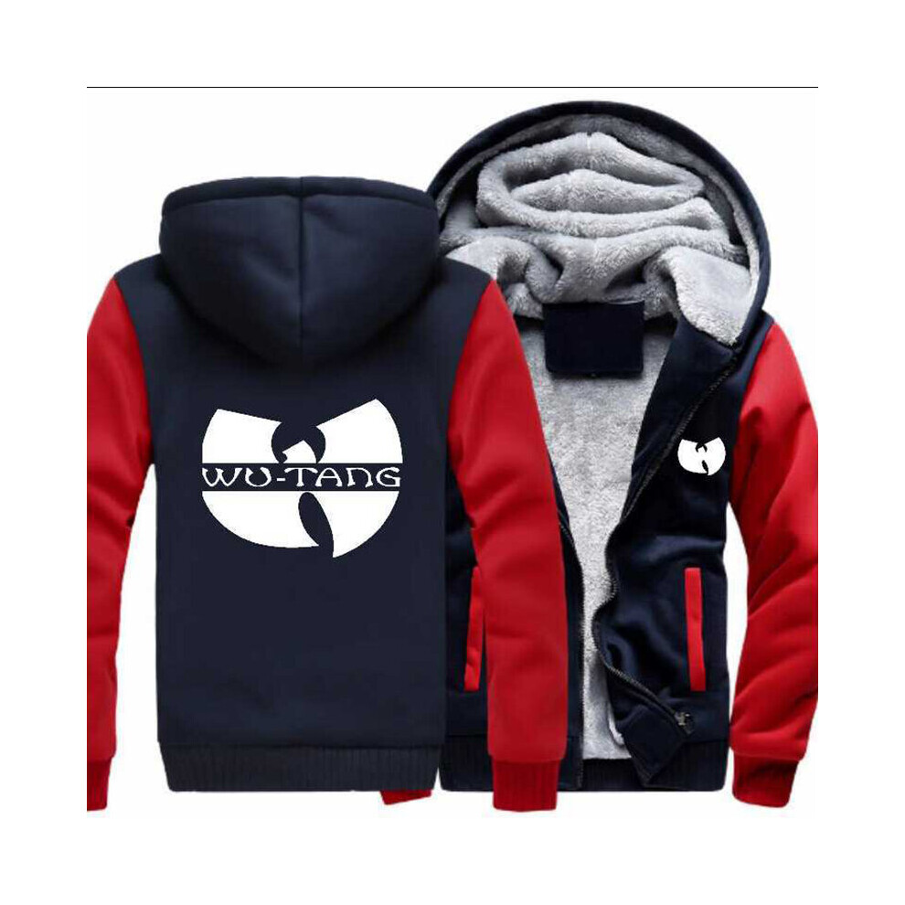(Navy+Red, L) Wutang Print Unisex Winter Hoodie Zipper Thicken Coat Fleece Sweatshirt Jacket