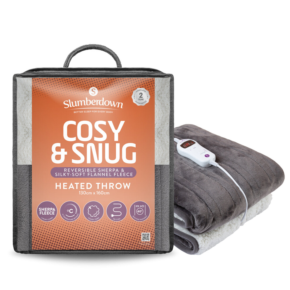 Heated Throw Blanket in Grey Soft Sherpa Fleece - Cosy & Snug by Slumberdown - Image 4