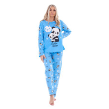 (Blue, XL) Malay Ladies Pyjama Set Panda Teddy Printed Long Sleeve loungewear Nightwear
