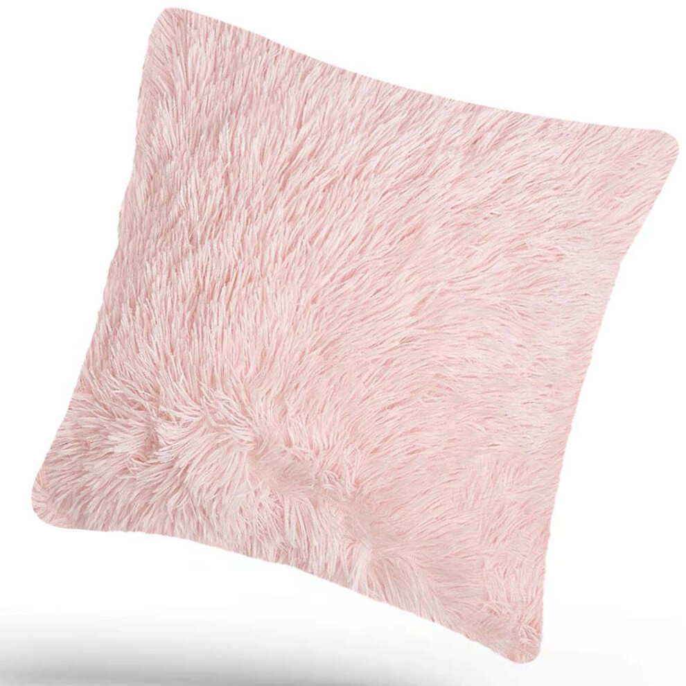 (PINK) 18" x 18" Fluffy Square Cushion + Cushion Covers Shaggy Set Scatter Sofa Pillow