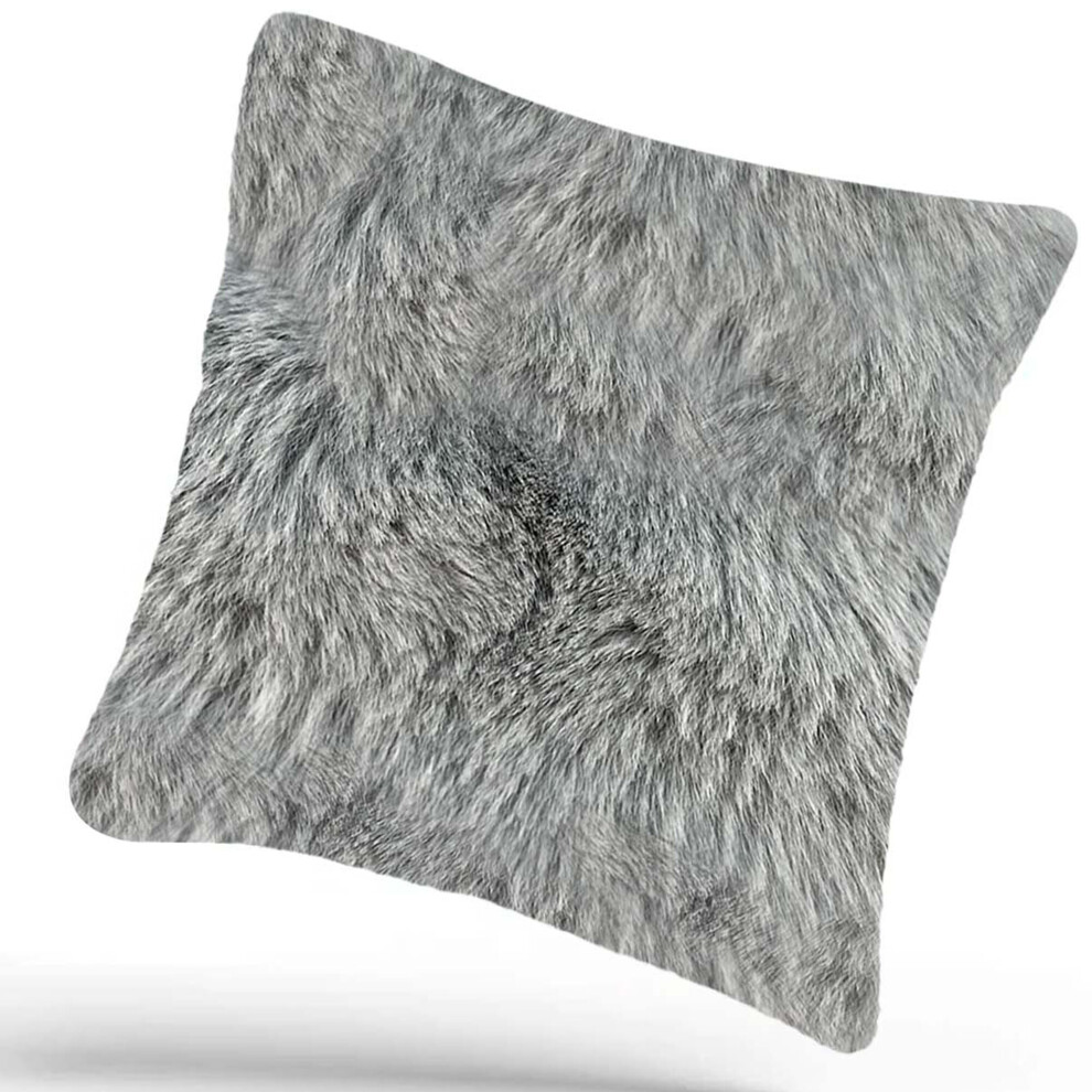 (GREY) 18" x 18" Fluffy Square Cushion + Cushion Covers Shaggy Set Scatter Sofa Pillow