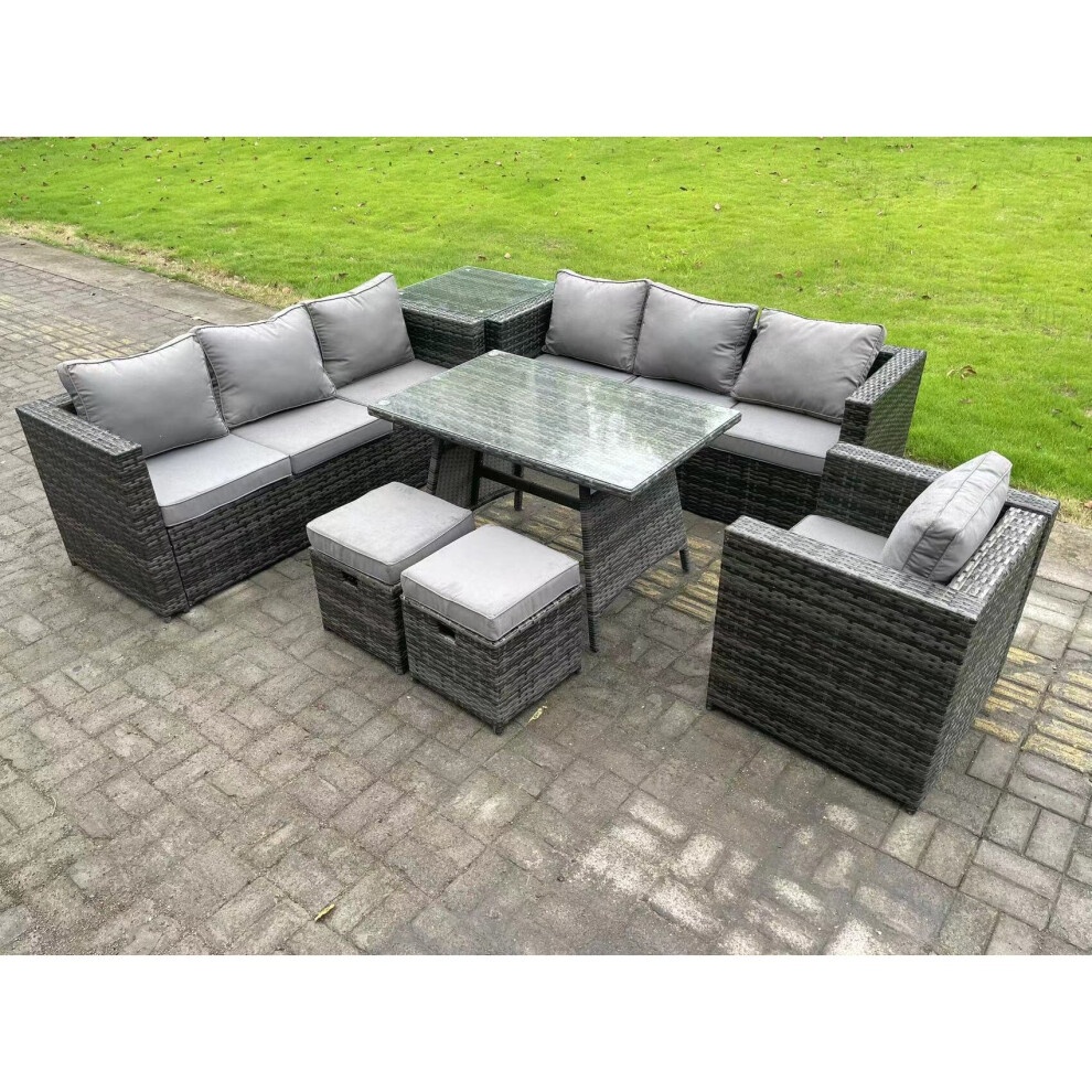 Fimous 9 Seater Rattan Outdoor Furniture Sofa Garden Dining Set with Dining Table Armchair Side Table 2 Small Footstools