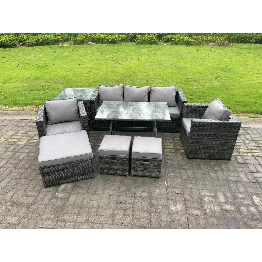 Fimous Rattan Outdoor Furniture Sofa Garden Dining Set with Dining Table 2 Armchairs Side Table 3 Stools 8 Seater
