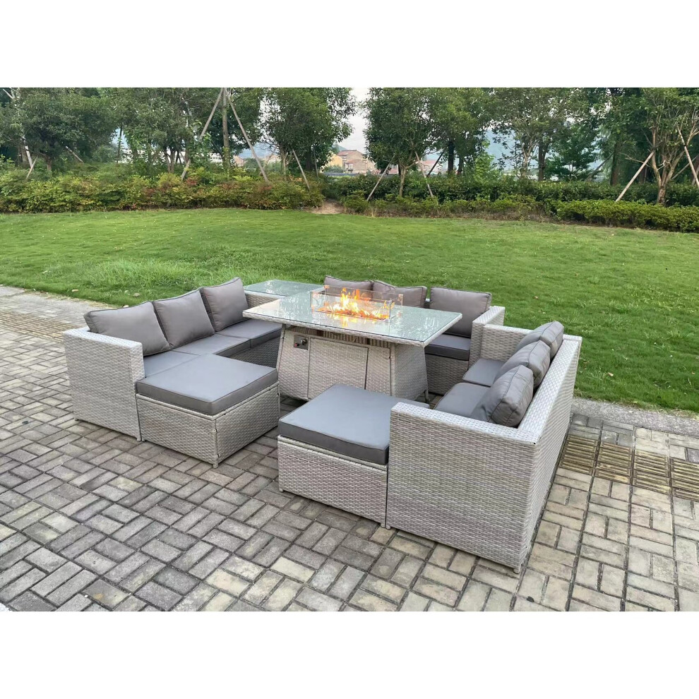 Fimous Light/Grey Rattan Outdoor Garden Dining Furniture Set With Gas Fire Pit Dining Table, 3 Sofas, 1 Side Table, 2 Footstools - 11 Seater - Image 3