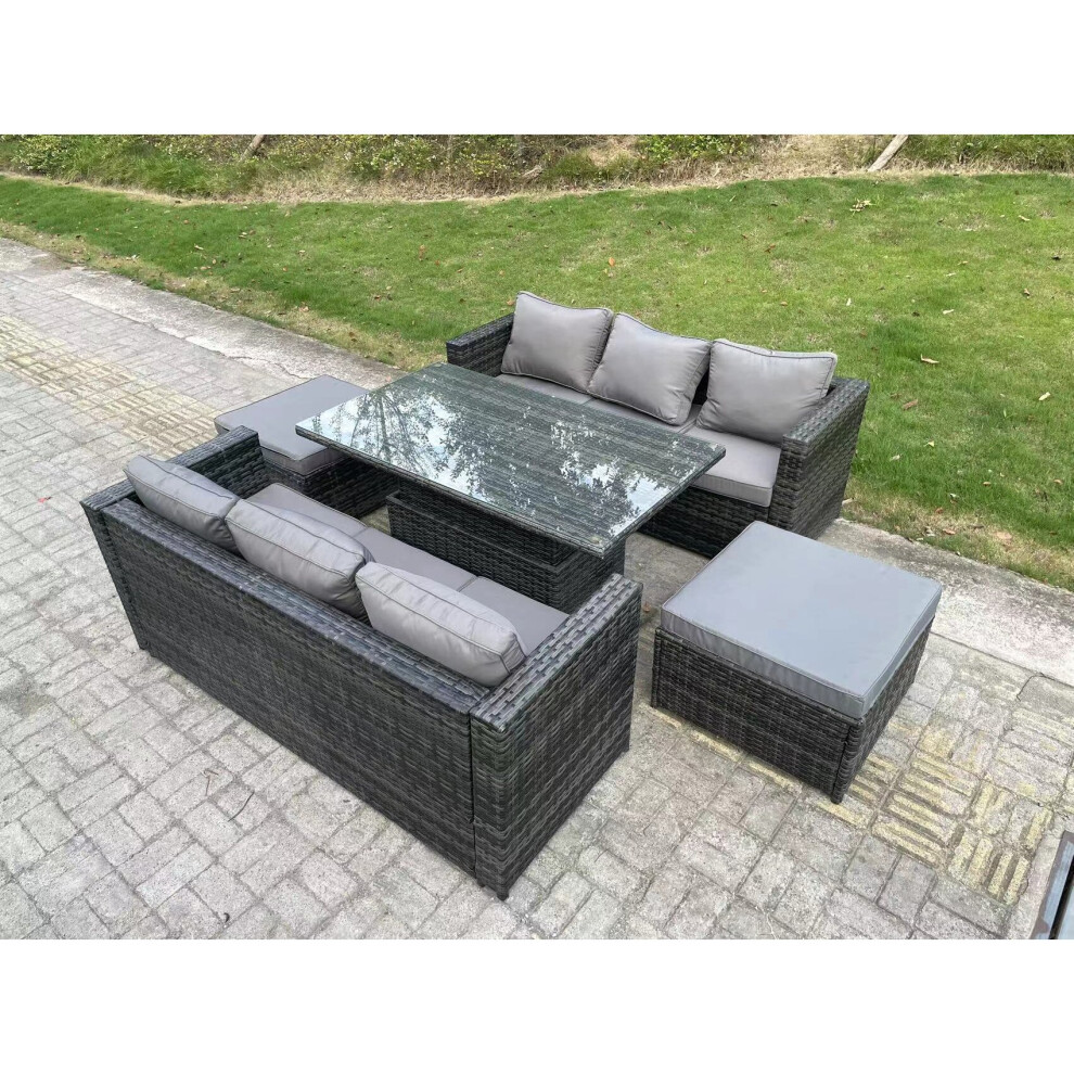 Fimous 8 Seater Wicker PE Rattan Sofa Garden Furniture Set Outdoor Adjustable Rising Lifting Dining Table Set with 2 Big Footstools
