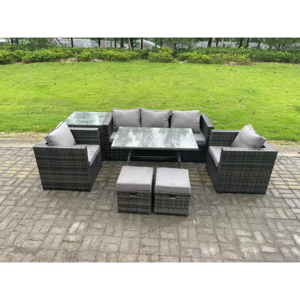 Fimous 7 Seater Rattan Outdoor Furniture Garden Dining Set With Lounge Sofa Dining Table 2 Armchairs Small Stools Grey