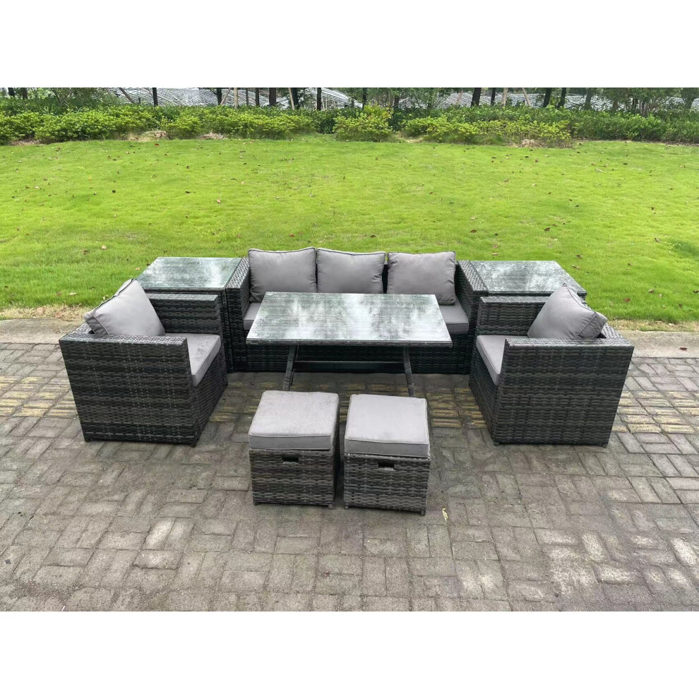 Fimous Rattan Outdoor Furniture Sofa Garden Dining Set with Dining Table 2 Armchairs 2 Side Tables Small Stools