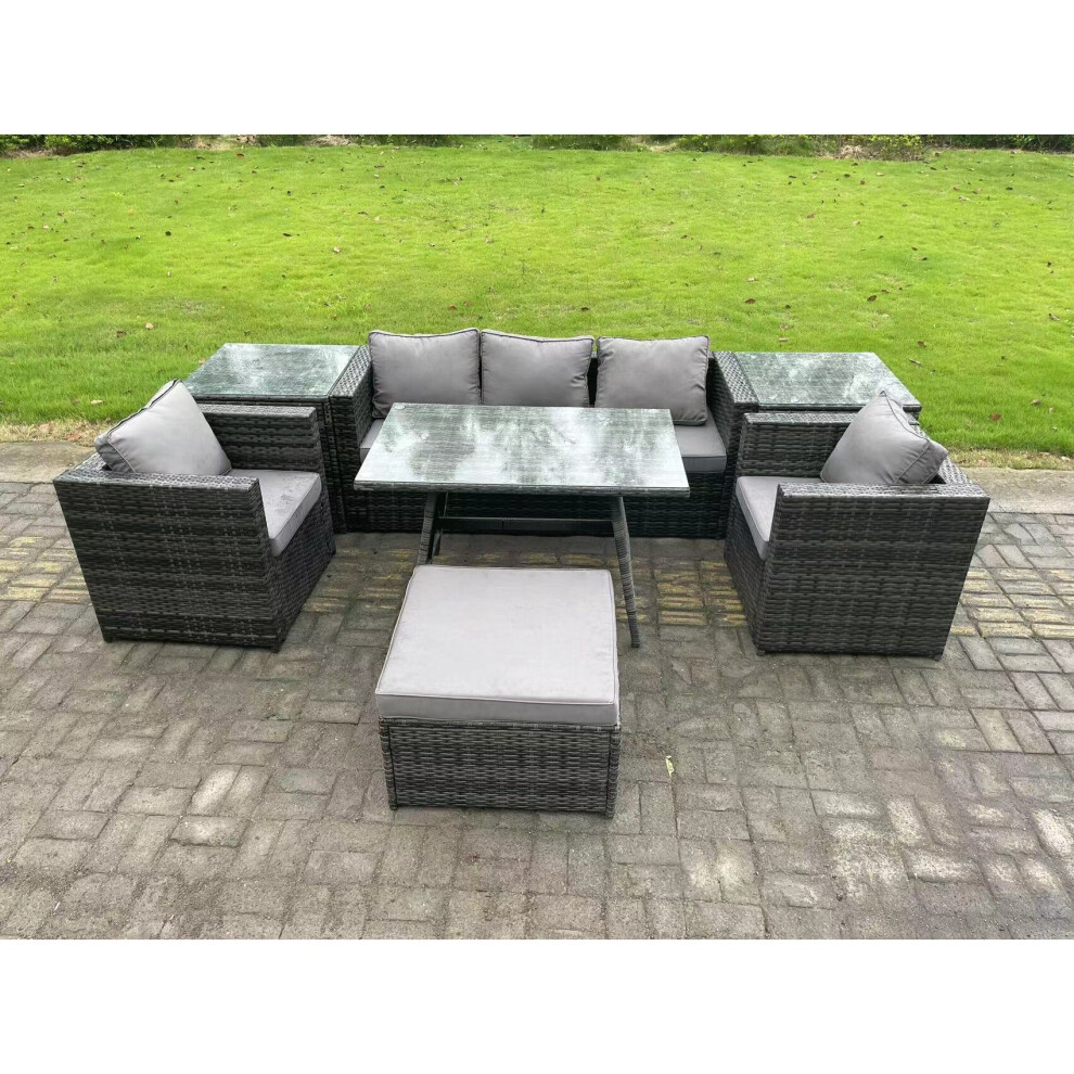 Fimous 6 Seater Rattan Outdoor Furniture Garden Dining Set With Oblong Dining Table 2 Side Tables Big Footstool 2 Armchairs Grey