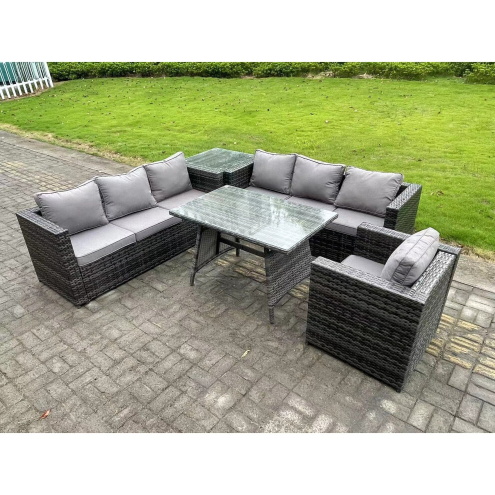 Fimous 7-Seater Rattan Sofa Dining Set With Side Table & Armchair - Dark Grey - Image 3