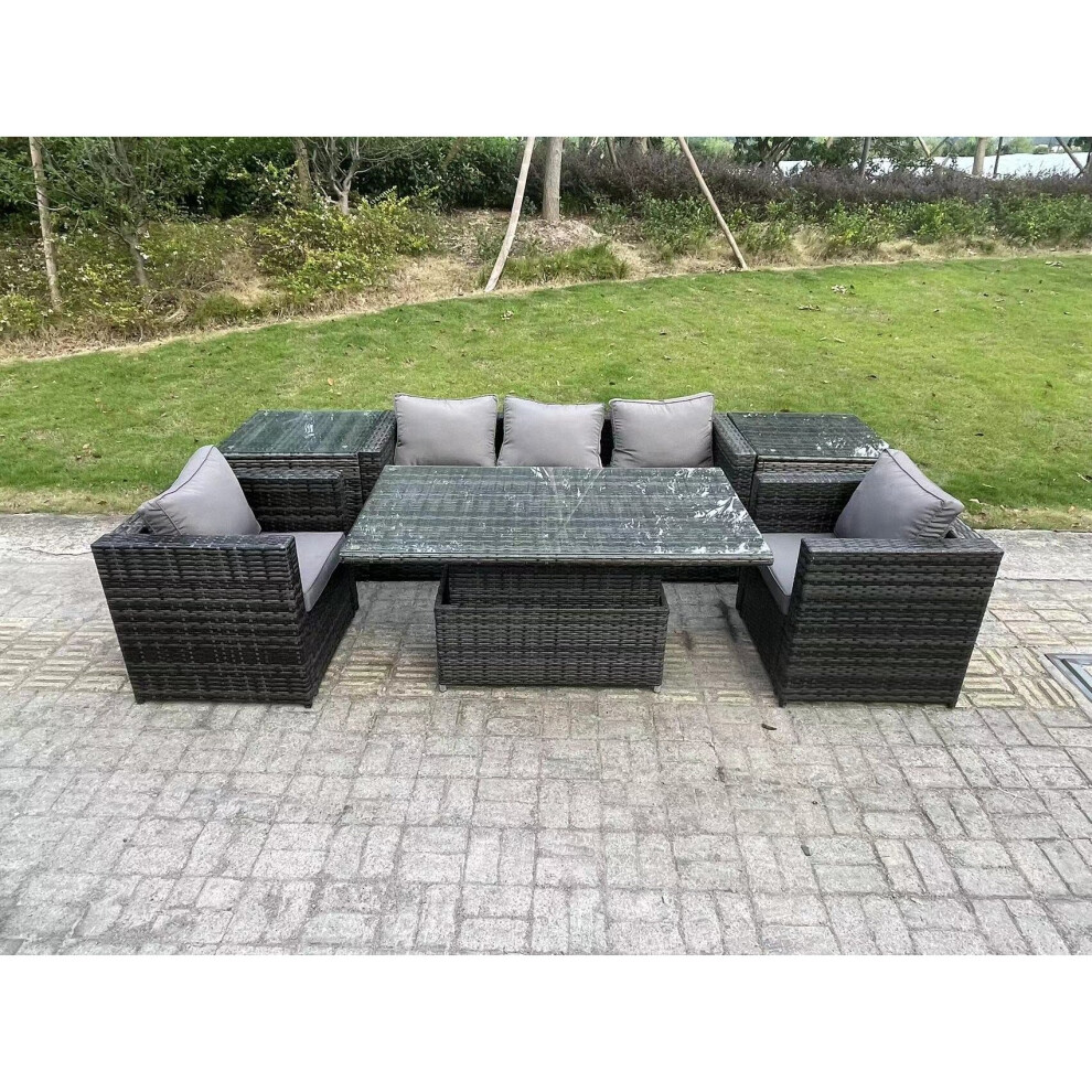 Fimous Rattan Garden Furniture Sofa Set Outdoor Adjustable Rising Lifting Dining Table Set with 2 Armchairs 2 Side Tables