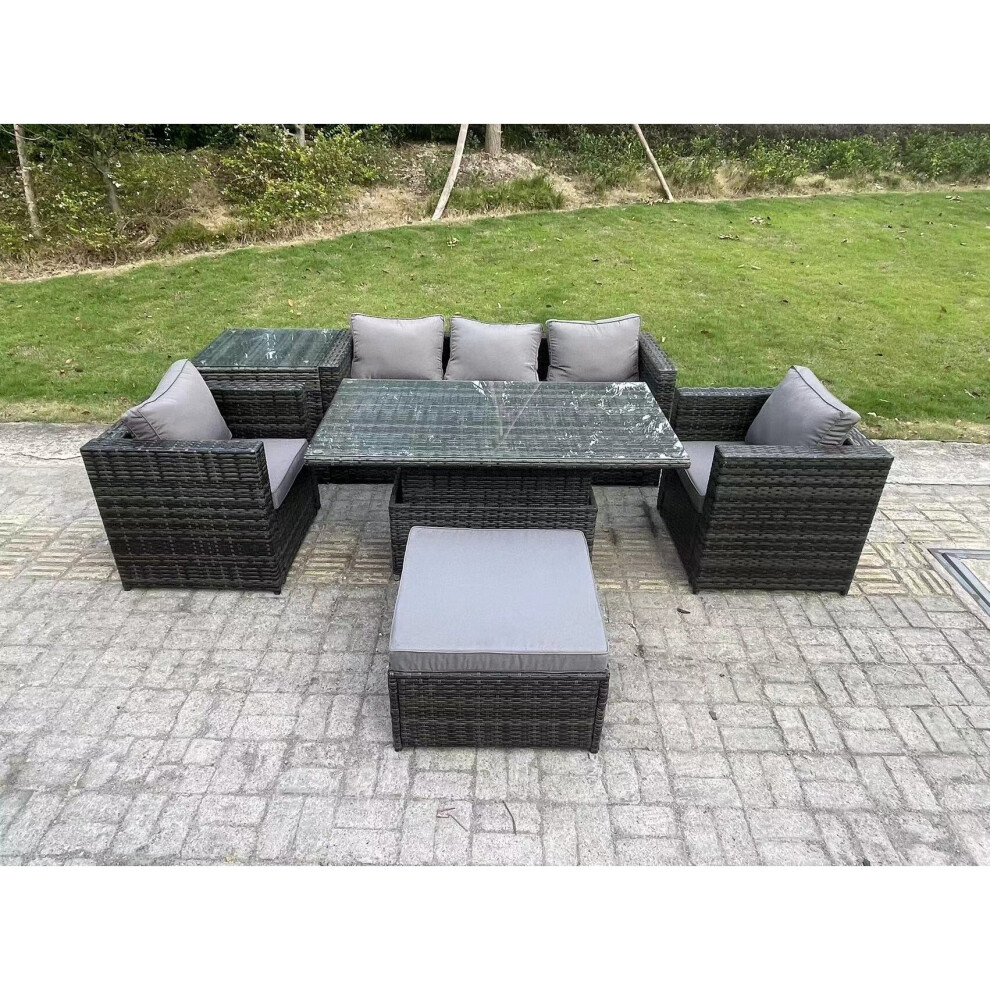 Fimous Outdoor Rattan Garden Furniture Sofa Set Adjustable Rising Lifting Dining Table Set With Side Table 2 Armchairs