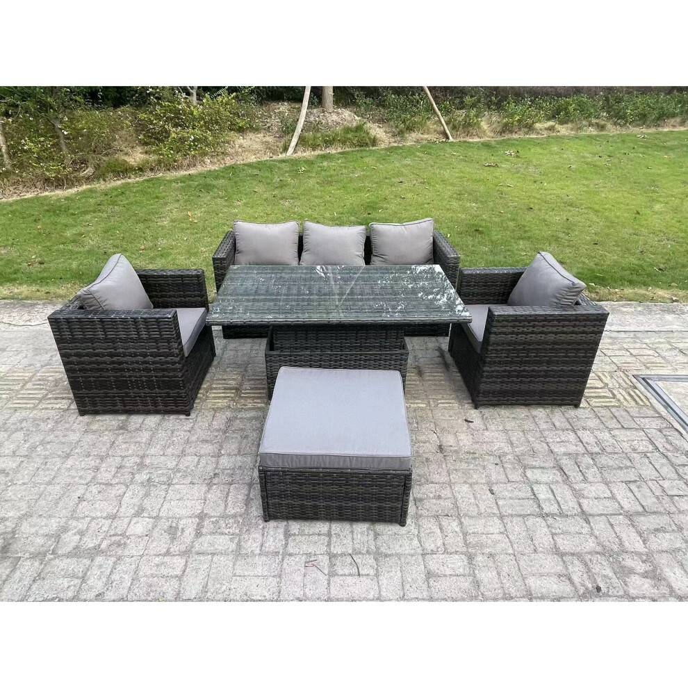 Fimous Rattan Garden Furniture Sofa Set Outdoor Adjustable Rising Lifting Dining Table Set with 2 Armchairs Big Footstool