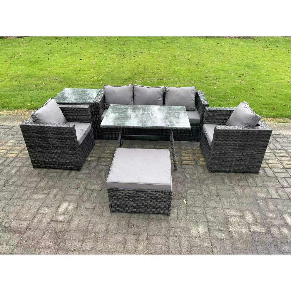 Fimous 6 Seater Wicker Rattan Outdoor Furniture Garden Dining Set with Sofa Oblong Dining Table 2 Armchairs Stool