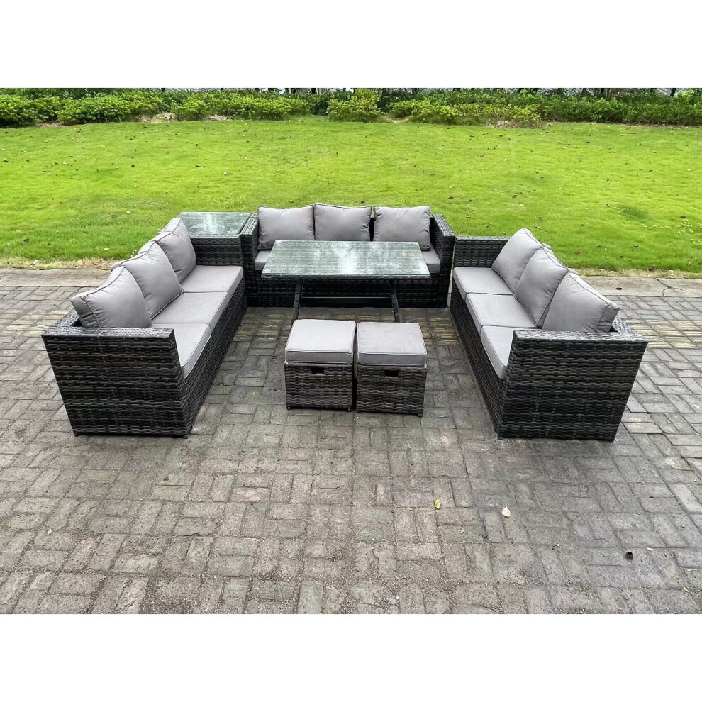 Fimous Rattan Outdoor Furniture Lounge Sofa Garden Dining Set with Dining Table Side Table 2 Small Footstools 11 Seater