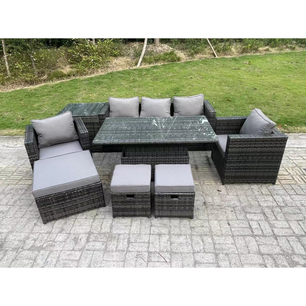 Fimous 8 Seater Wicker PE Rattan Garden Furniture Sofa Set Outdoor Adjustable Rising Lifting Dining Table Set with Armchairs